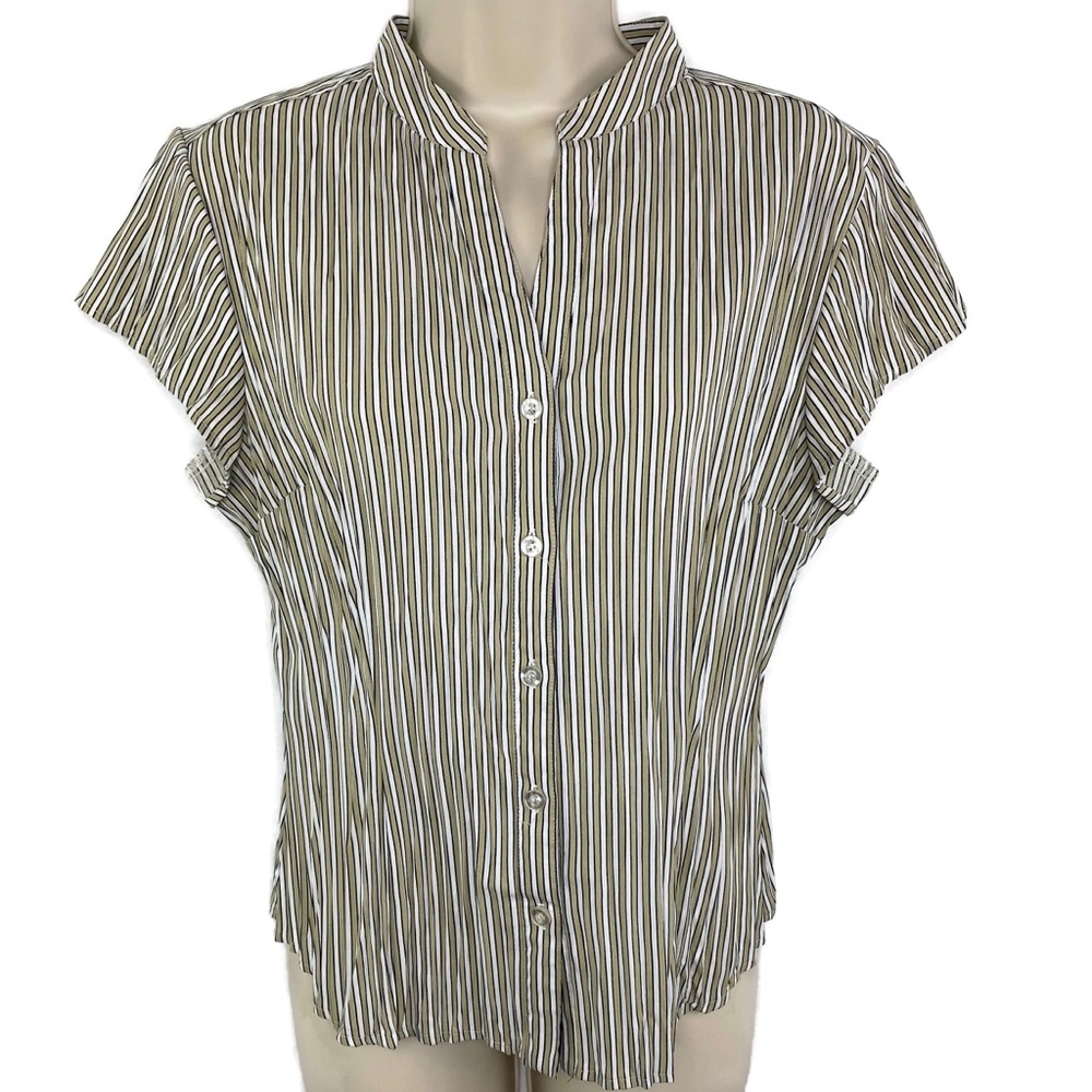 East 5th Petites Tan & Black Pinstripe Short Sleeve Shirt Medium - Picture 3 of 6